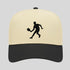 Beige and black cap with a black silhouette of a person on a gray background